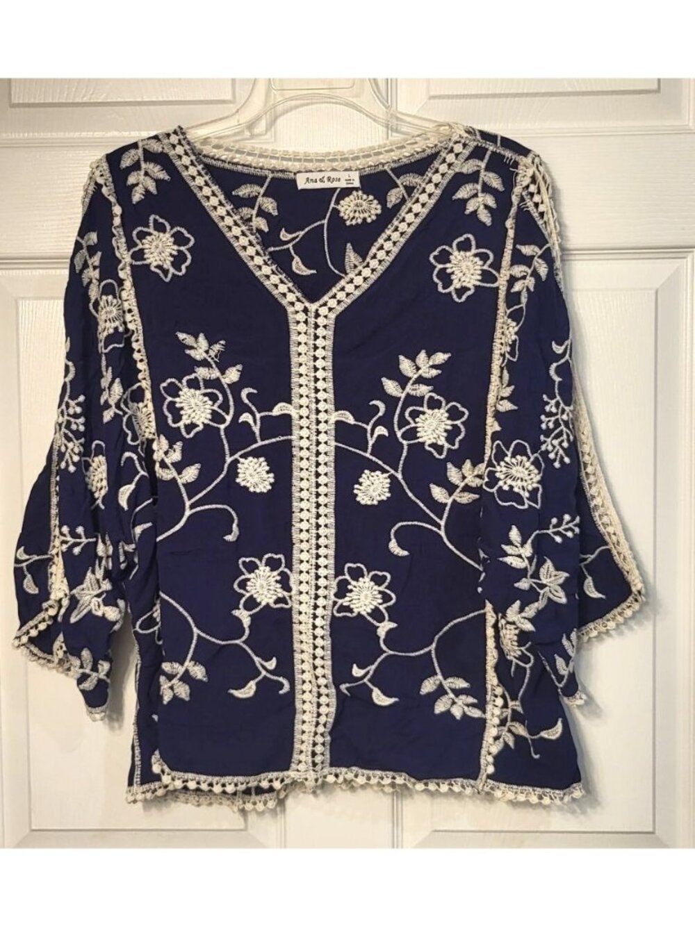 Womens Boho Ana & Rose Blue Embroidered Peasant Blouse Bloomcore L Festival